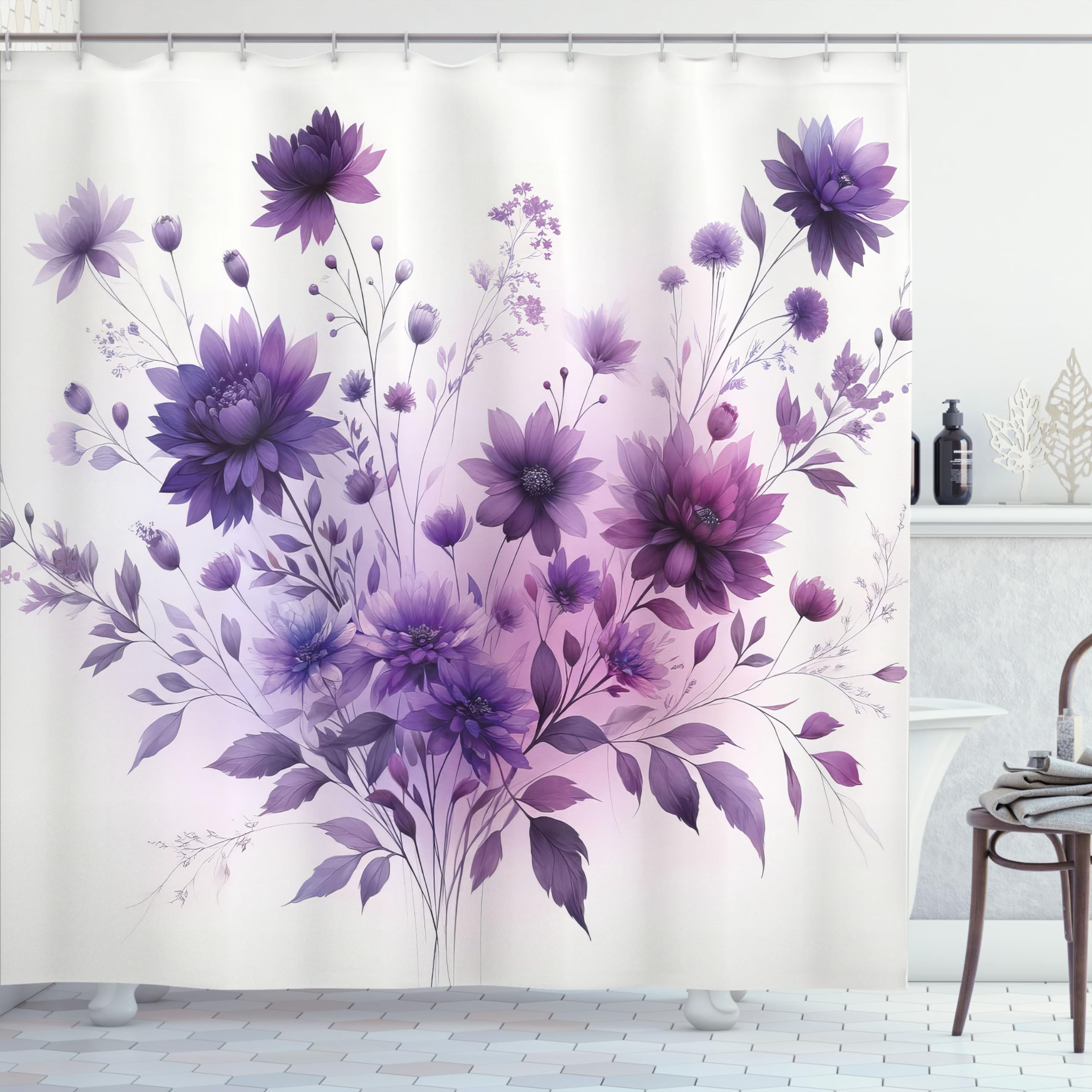 Ambesonne Purple Shower Curtain, Avant-Garde Blossoming Wild Flowers Bouquet In Monochromatic Tones Print, Cloth Fabric Bathroom